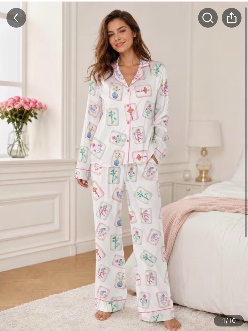 Women's Floral Tile-Print Satin Pajama Set - White with Pastels